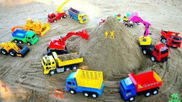 Busy Toy Construction Site with Colorful Trucks and Sand Builders