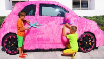 The Pink Furry Car Adventure with Two Curious Kids
