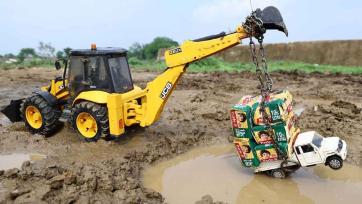 Mini JCB Rescues Toy Truck Stuck in Mud with Parle-G Load