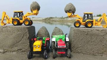 Toy Tractors and Diggers Build Giant Sand Towers by the River