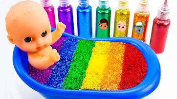 Rainbow Glitter Colors for Kids with a Baby Doll Learning Adventure