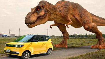 The Little Yellow Car and the Curious Dino on the Open Road