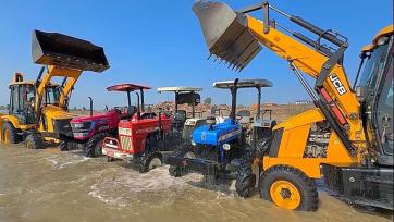 Tractors and JCBs Splash Through Muddy Water Adventure