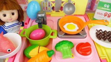 Fun Toy Kitchen Cooking with Doll - Play Food Eggs, Fish, and Vegetables