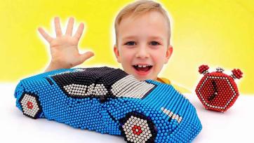Magnetic Car Adventure - Leo Builds a Cool Blue Car from Shiny Magnet Balls