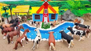 Funny Farm Animals by the River - Toy Horses, Cows, Pigs and Windmill Story