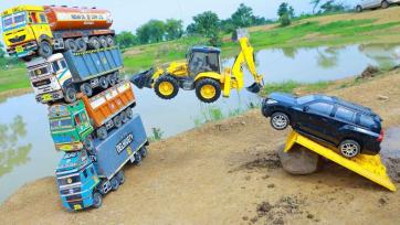 Brave Toy Trucks Jump the Waterfall - Tractor Rescue Adventure