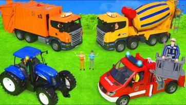 Busy Toy Vehicles at Work - Fire Truck, Tractor, Garbage Truck & Mixer